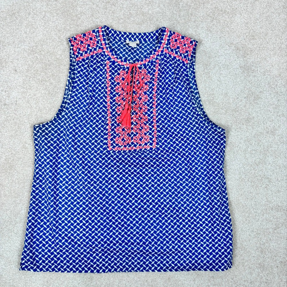 J.Crew‎ Womens Blue Geometric Embroidered Tassel Sleeveless Top Size 14